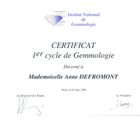 1st degree certificate - Institut National de Gemmologie - Paris